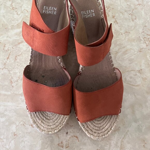 Eileen Fisher Sz 9 Weslia Cider Color Nubuck Leather Jute Wrapped Wedge Sandal - Picture 2 of 15